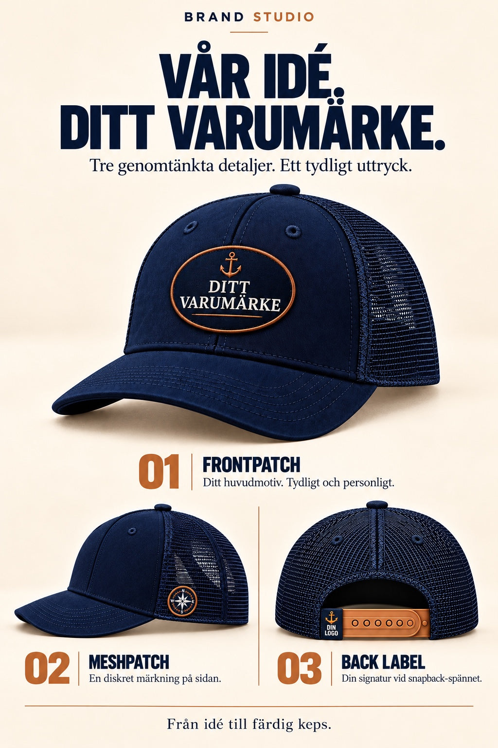 Mörkblå keps med koppar och vitt, frontpatch, meshpatch och back label