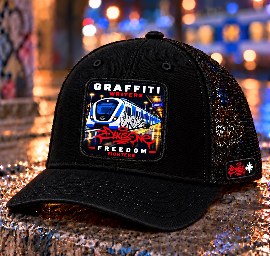 Black Banger Hats cap with a graffiti and train patch in a night setting